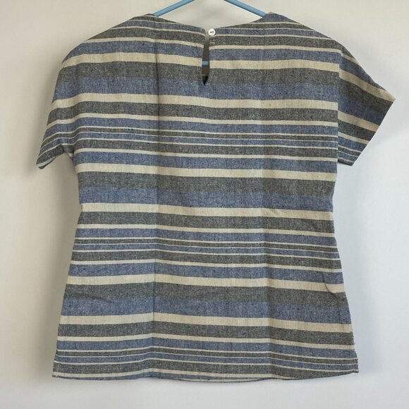 Linen Lux Women Blue Striped Short Sleeve Top Blouse Size XS Pocket Boxy Keyhole - Picture 2 of 9